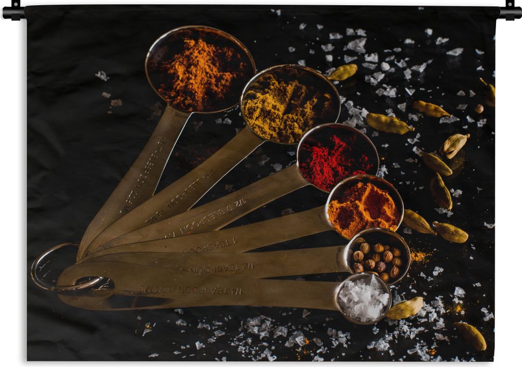 MuchoWow Wandteppich Wandbehang Gewürze - Löffel - Salz - Gewürze - Schwarz 120x90 cm Tapisserie Dekoration Wandtuch - Wohnen - Aufhänger fü...