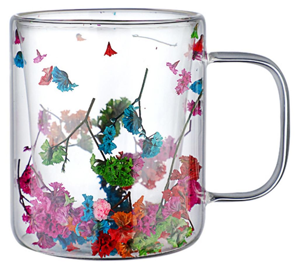 Doppelwandiger Glasbecher mit Henkel, farbenfrohes Blütenblatt-Design, kreativer Isolierbecher für heiße und kalte Getränke wie Cappuccino, Lat...