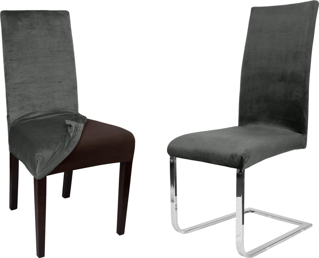 Two chairs with grey velvet slipcovers against a white background. One chair has a brown seat visible underneath the slipcover.
