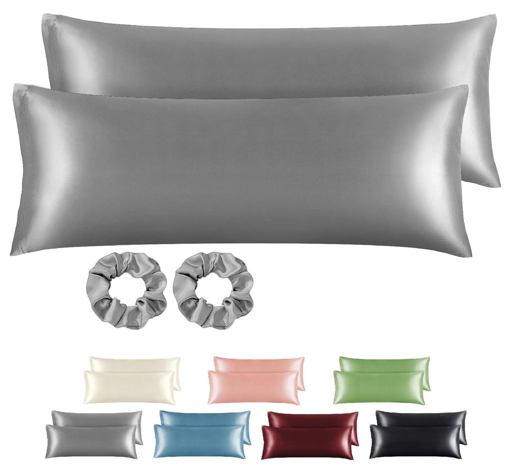 Satin-Kissenbezug 40 x 145 cm, grau – Kissenbezug für Seitenschläfer, 40 x 145 cm, 2er-Set mit 2 Haargummis, vergleichbar mit einem Seidenkisse...