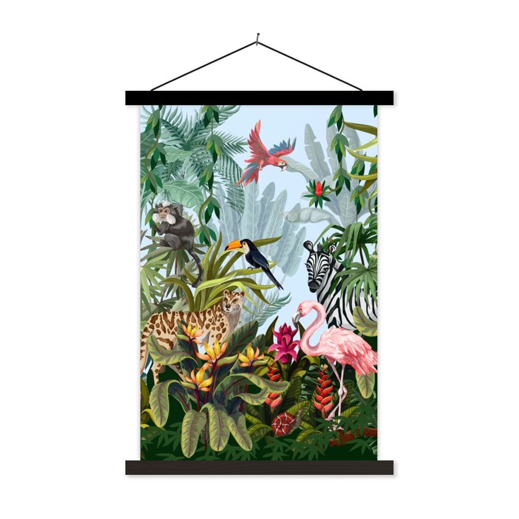 MuchoWow Textilposter Dschungel - Natur - Jungen - Mädchen - Kinder - Zebra - Flamingo 40x60 cm mit schwarzem Rahmen - Wanddekorationen