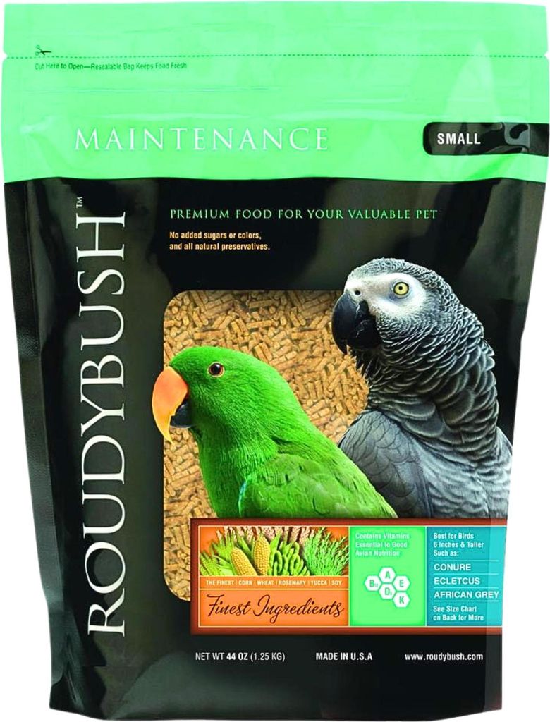 A bag of RoudyBush bird food with images of two parrots on the front.