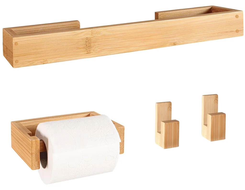 Porte-serviettes et porte-rouleaux en bambou naturel pour salle de bain