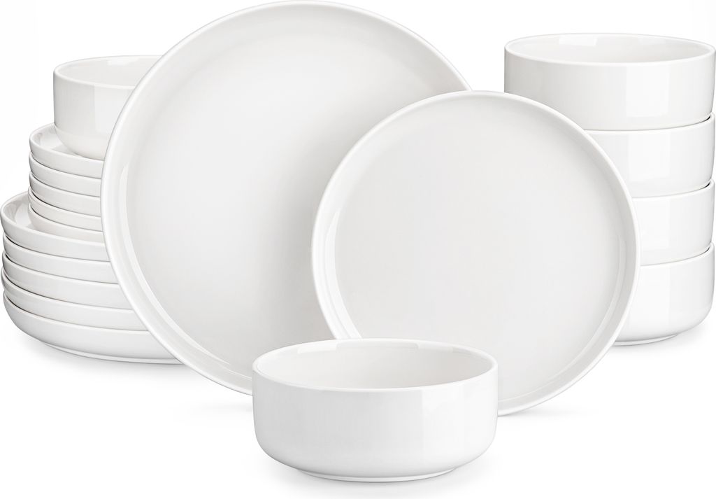 MALACASA, 18 tlg. Geschirrset aus Porzellan, Kombiservice für 6 Personen, Tafelservice mit Speiseteller, Dessertteller, Schale, cremeweiß