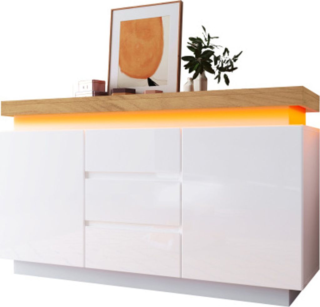 Sideboard 81x140x39cm Weiss Hochglanz mit 2 Tueren 3 Schubladen LED Beleuchtung App Steuerung Mehrzweckschrank fuer Wohnzimmer Schlafzimmer