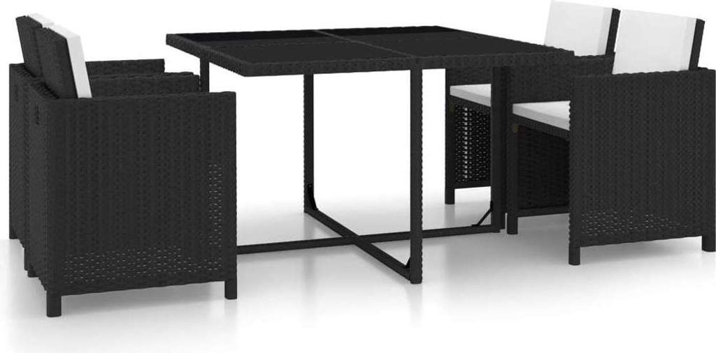 5-tlg. Garten-Essgruppe mit Auflagen Poly Rattan Schwarz