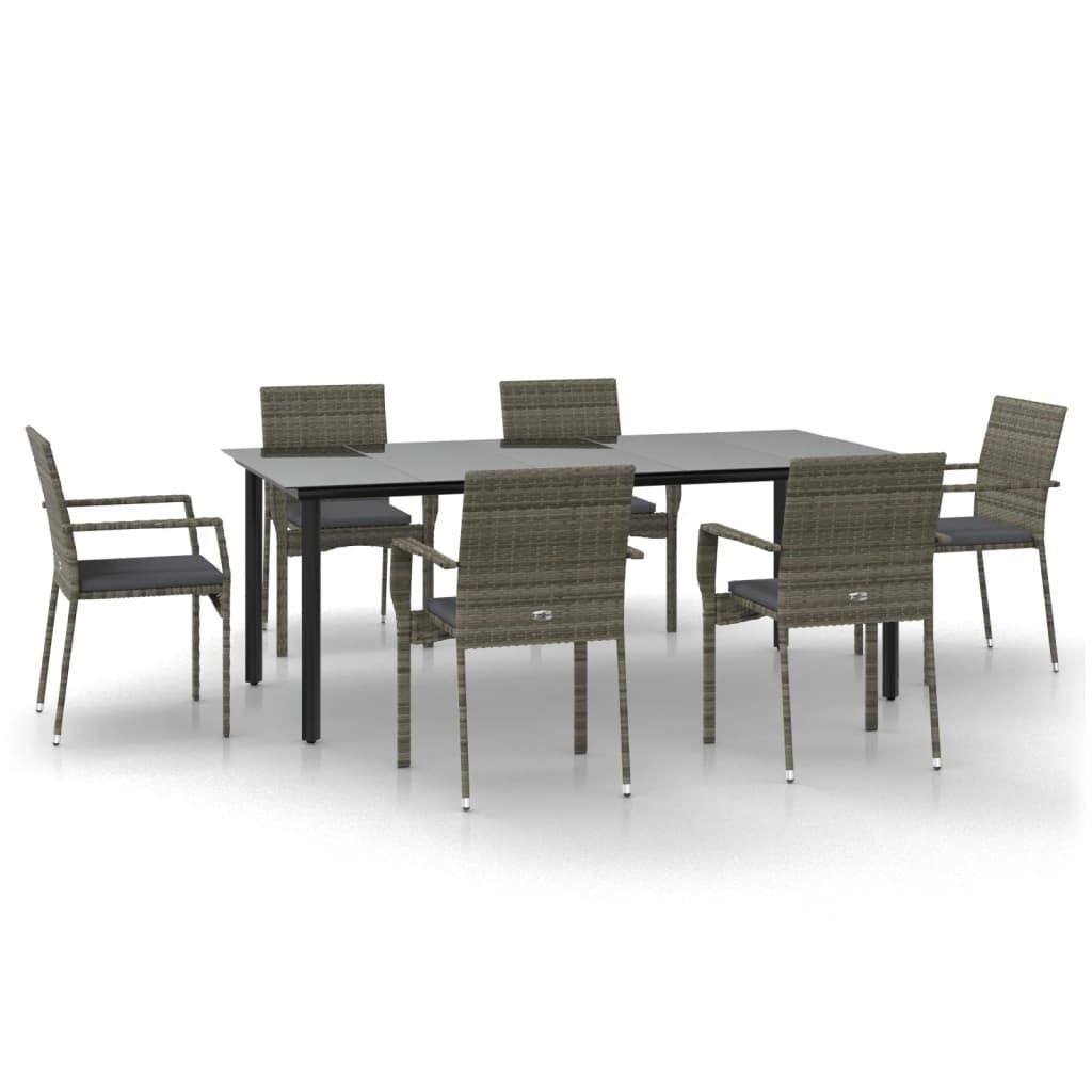 vidaXL 7-tlg. Garten-Essgruppe mit Kissen Schwarz und Grau Poly Rattan
