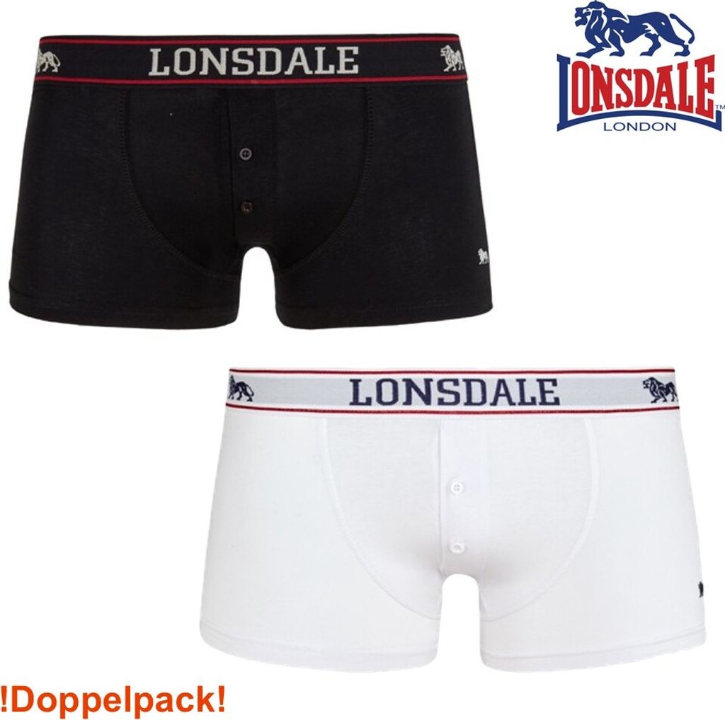 Two pairs of Lonsdale boxer shorts, one black and one white, displayed side-by-side.