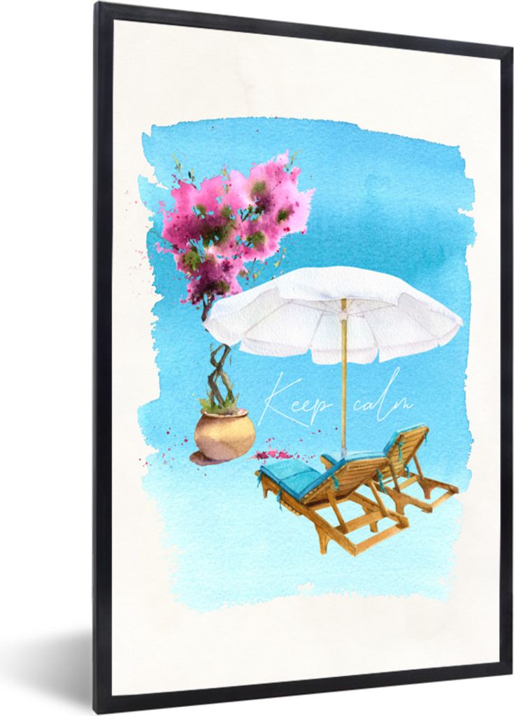 MuchoWow MuchoWow Gerahmtes Poster Strandkorb - Blumen - Sonnenschirm - Zeichnung 20x30 cm - Poster mit zchwarzem Bilderrahmen - Drucken - Bild...