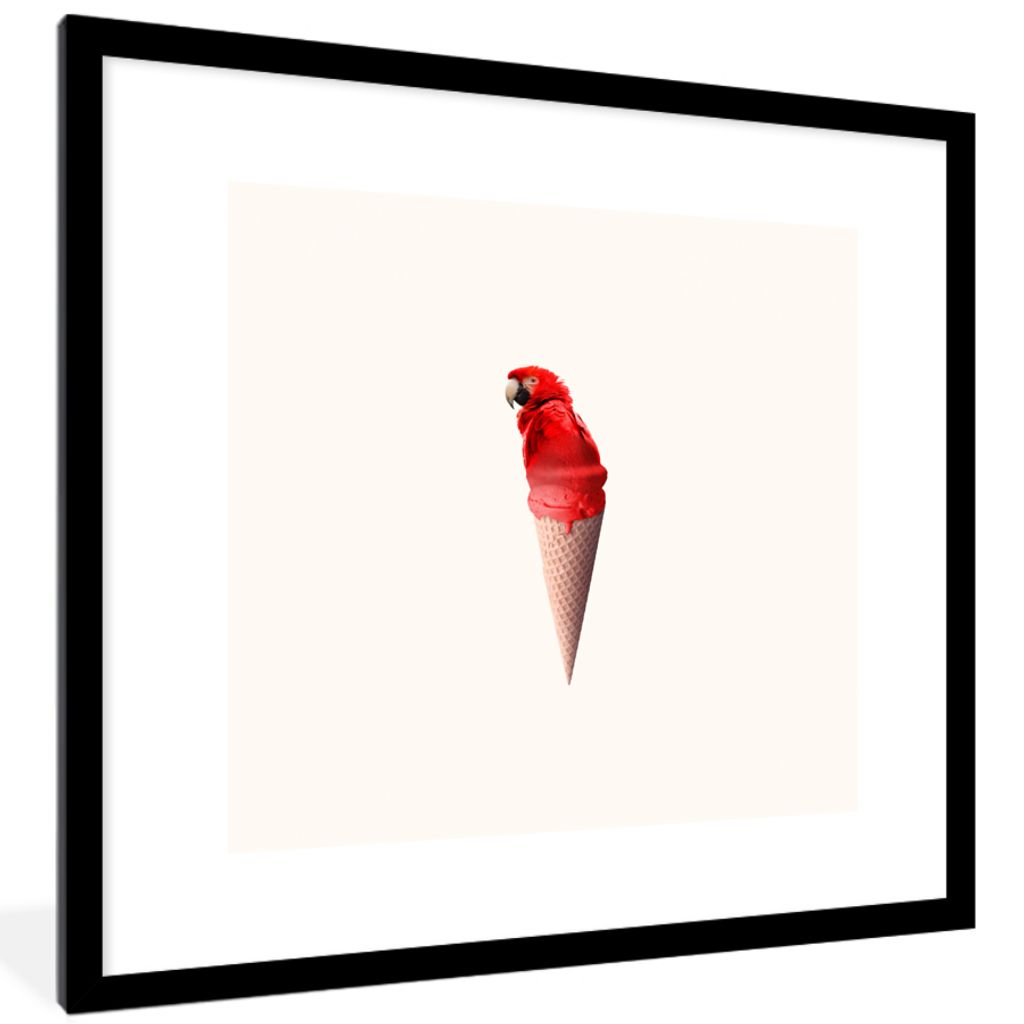 MuchoWow Gerahmtes Poster Eiscreme - Papagei - Rot - Eistüten - Weiß 40x40 cm - Poster mit Schwarzem Bilderrahmen Wandposter Rahmen Foto Bilder...