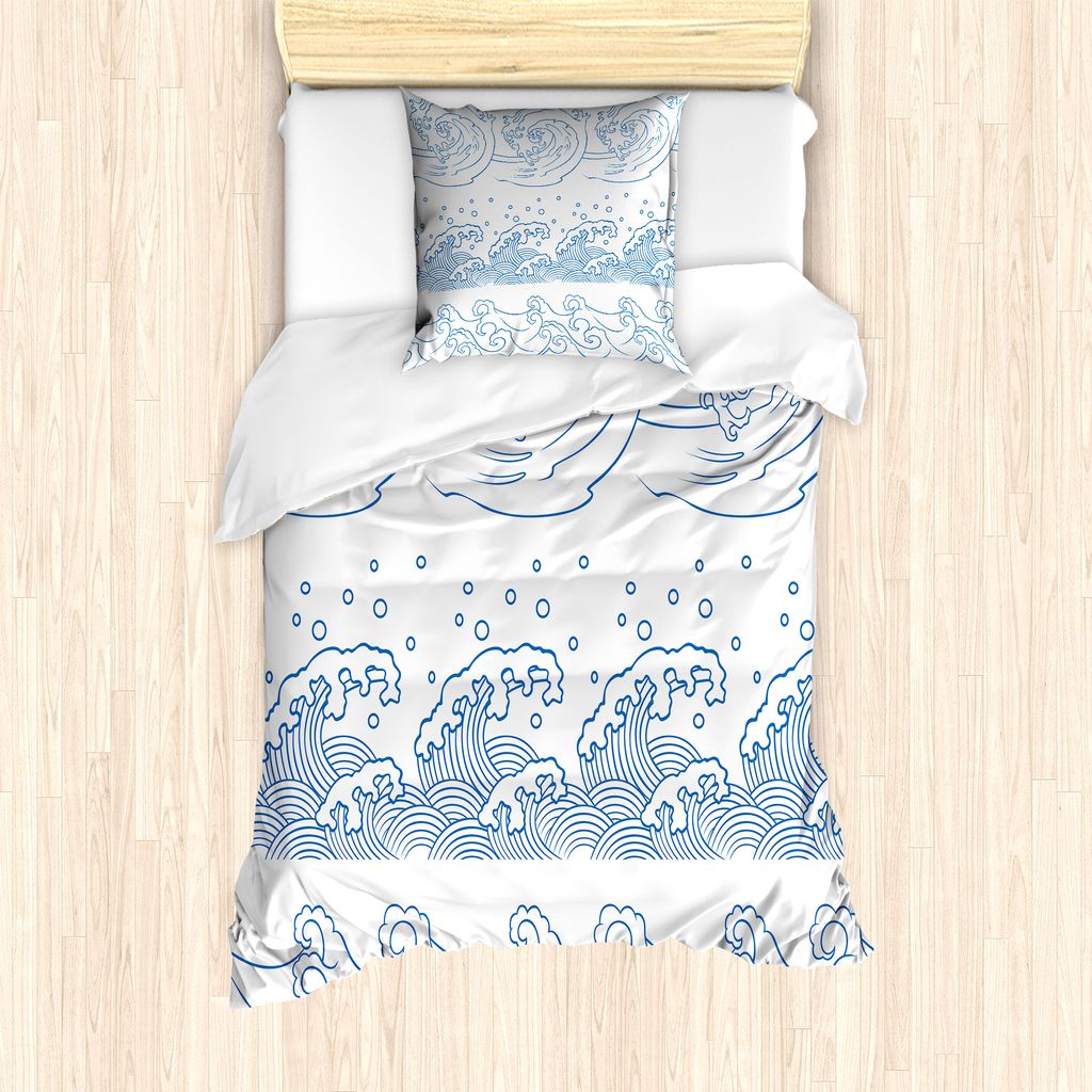 ABAKUHAUS japanische Welle Bettbezug Set für Einzelbetten, Ozean Curved Tsunami, Milbensicher Allergiker geeignet mit Kissenbezug, 135 cm x 200 cm...