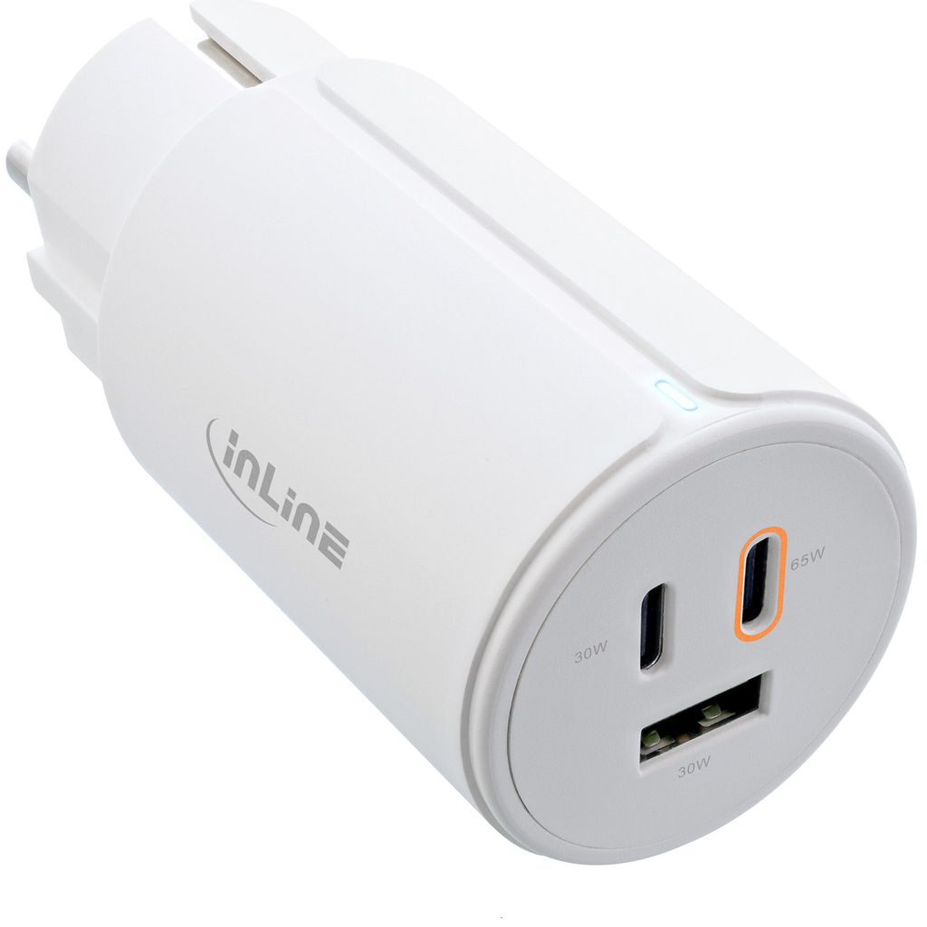 InLine USB PD Netzteil, GaN Ladegerät, 3-Port, Dual USB-C + USB-A, 65W, weiß, Drinnen, AC, 20 V, 5 A, Weiß