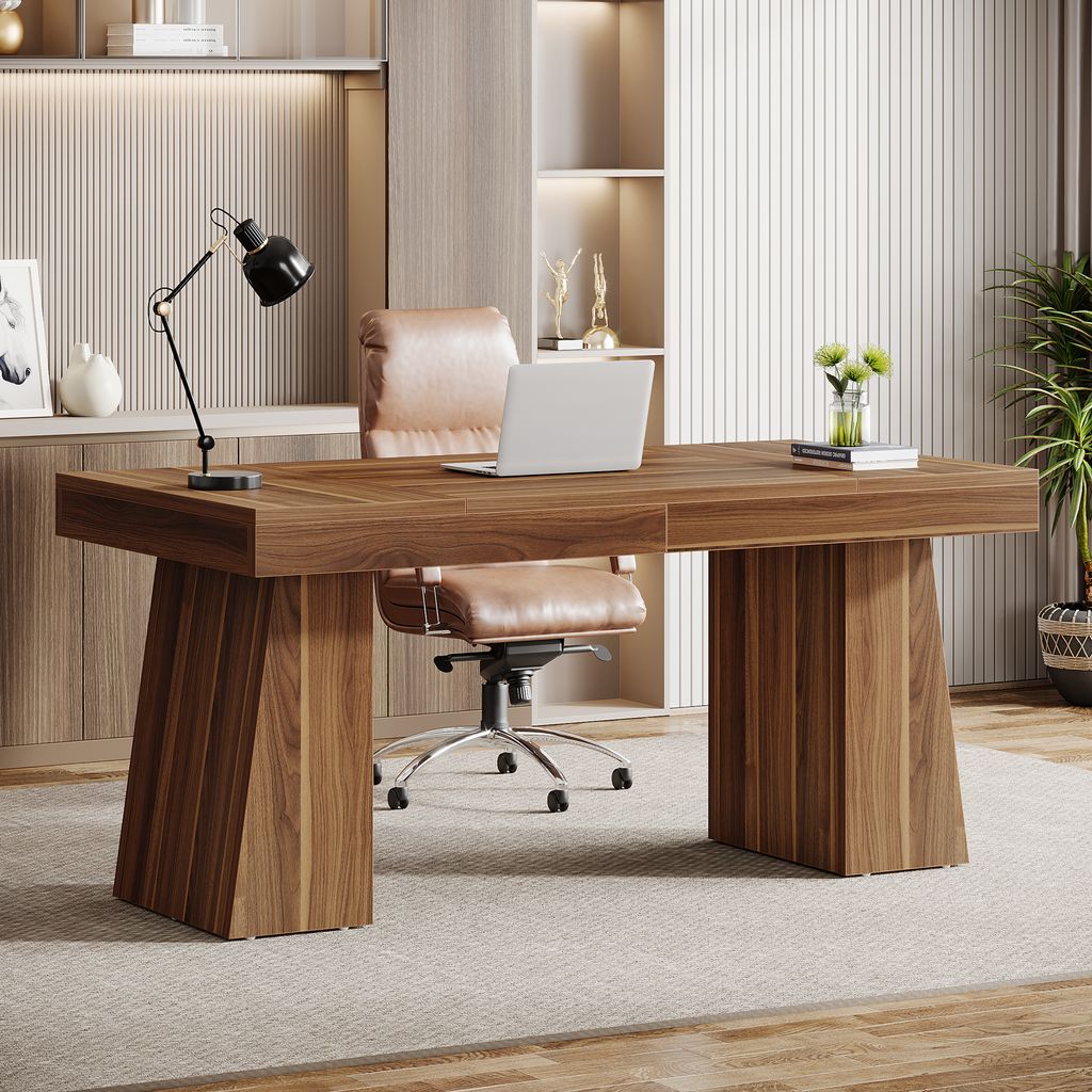 Tribesigns 140 cm Schreibtisch, Moderner Home-Office-Schreibtisch mit Doppeltem Trapezfuß, Holz-Computertisch, Business-Arbeitsplatz, Braun