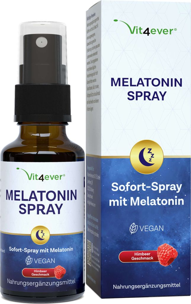Melatonin Spray - 30 ml – Extra hochdosiert mit 0,5 mg Melatonin pro Sprühstoß - Einschlafspray - Ohne Alkohol - Labor - Vegan - Himbeere Geschmack Himbeere