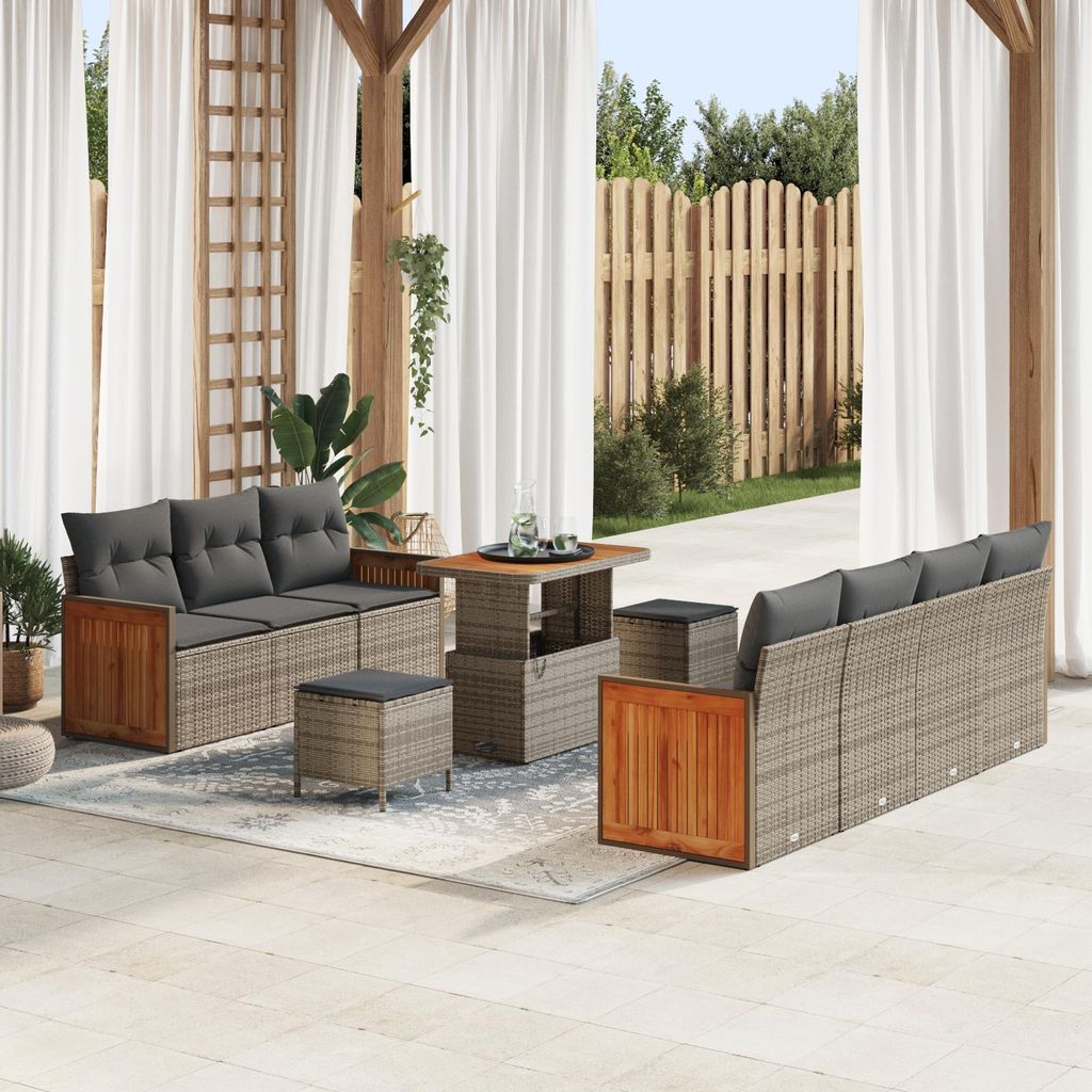10-teiliges Garten-Sofa-Set mit Kissen in Grau aus Poly-Rattan und Akazienholz, Design Gartensofas Neu