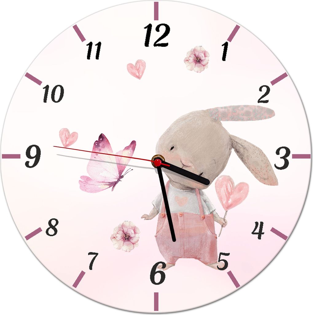Růžové dětské nástěnné hodiny Bunny Clock Dětský pokoj 30cm Obrázek produktu 