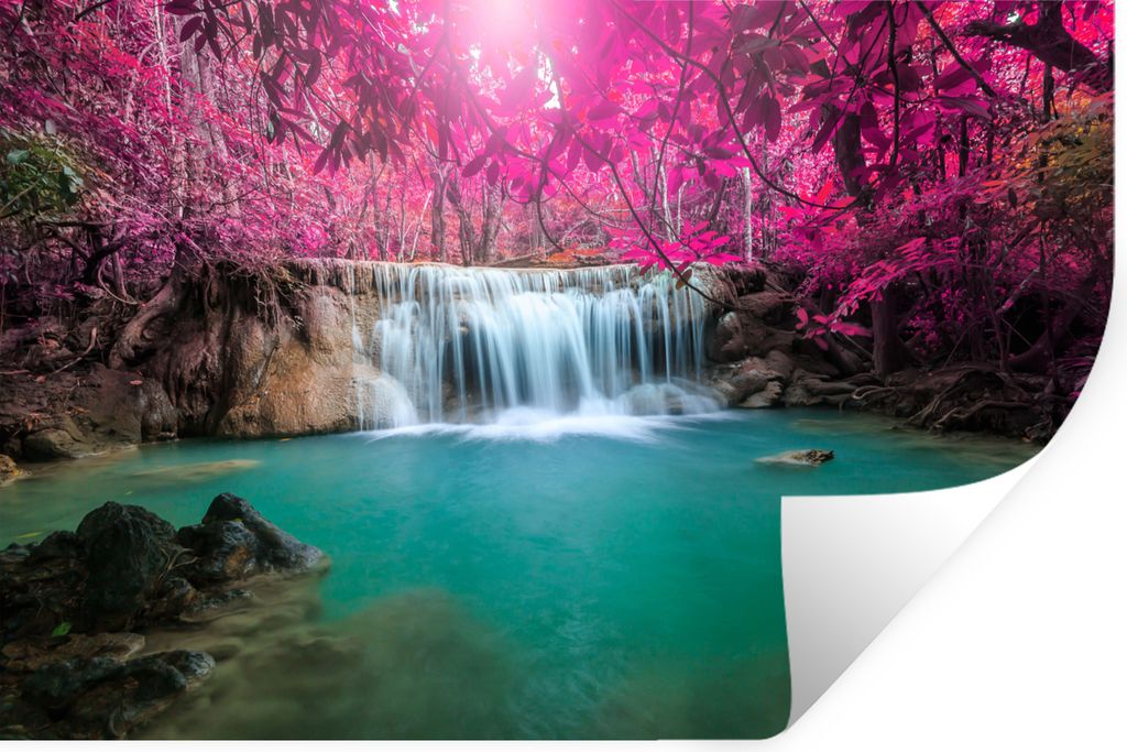 MuchoWow Wandtattoo Wandsticker Wandaufkleber Wasserfall - Baum - Rosa - Natur 90x60 cm Selbstklebend und Repositionierbar - Aufkleber
