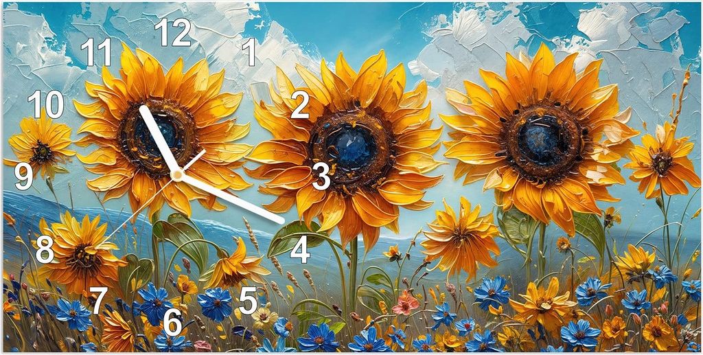 Wanduhr aus Glas mit Motiv Sonnenblumenwiese- 60 x 30 cm - inkl. Aufhängesystem
