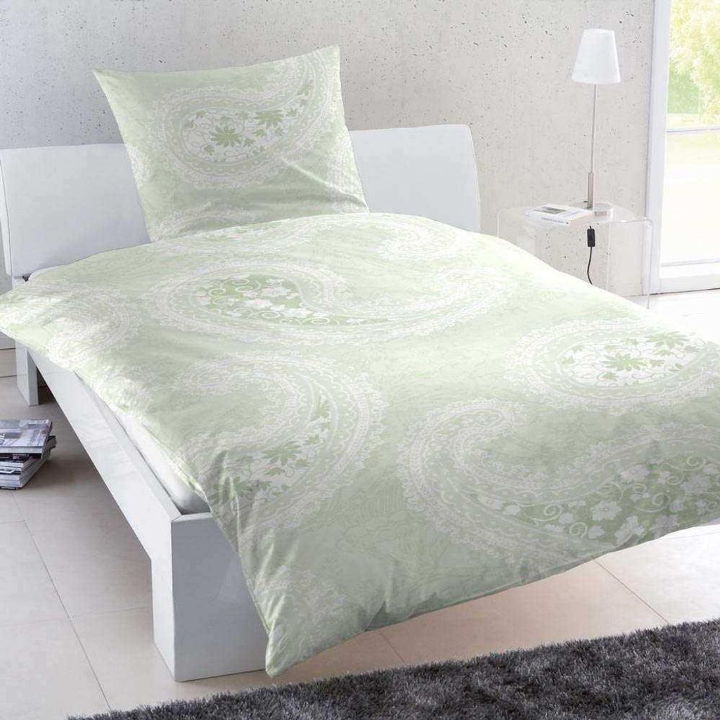 Magita Renforcé Bettwäsche Paisleymuster Grün 100% Baumwolle Reißverschluss Bettbezug Kissenbezug Bettgarnitur Bettwäsche-Set 155x220 cm