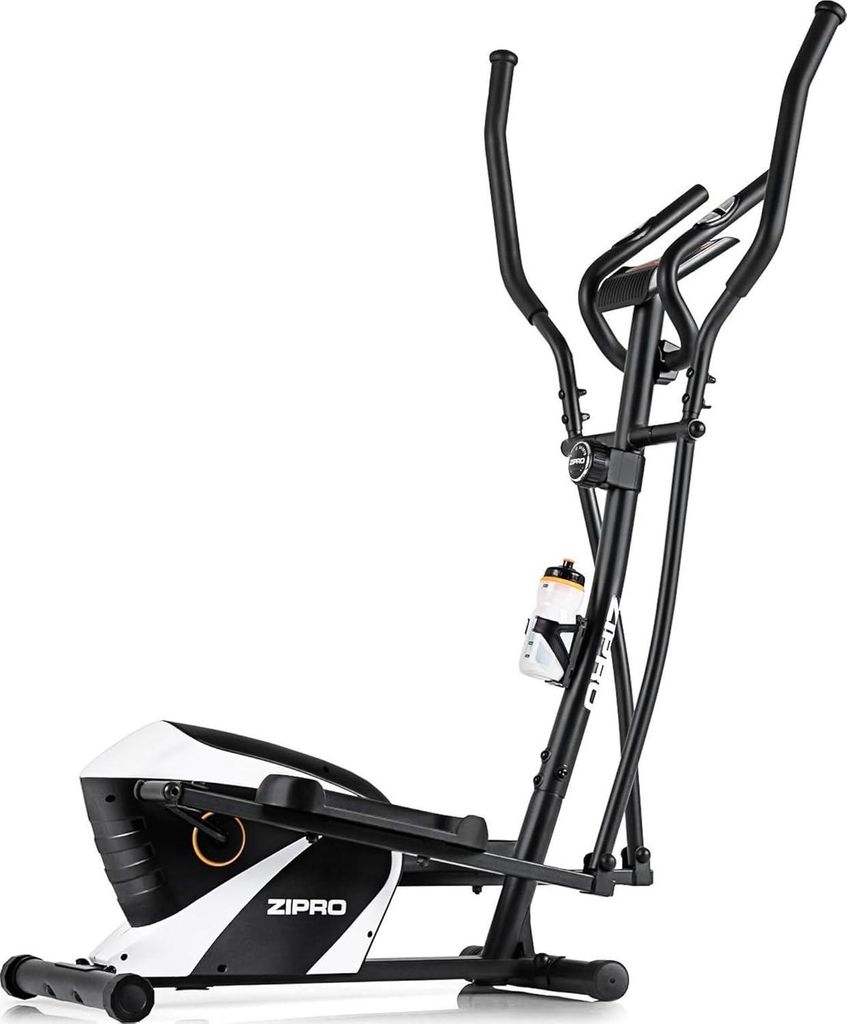 A black and white elliptical trainer is shown against a white background.