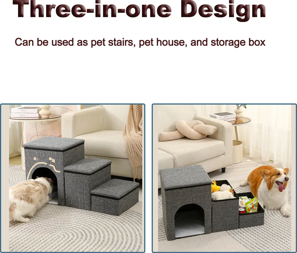 Scala per animali domestici, scala pieghevole per cani, comoda e resistente, scala di design 3 in 1 con spazio di archiviazione e casetta per animali domestici, scala per animali domestici a 3 gradini, rampa antiscivolo per cani, grigio - 6