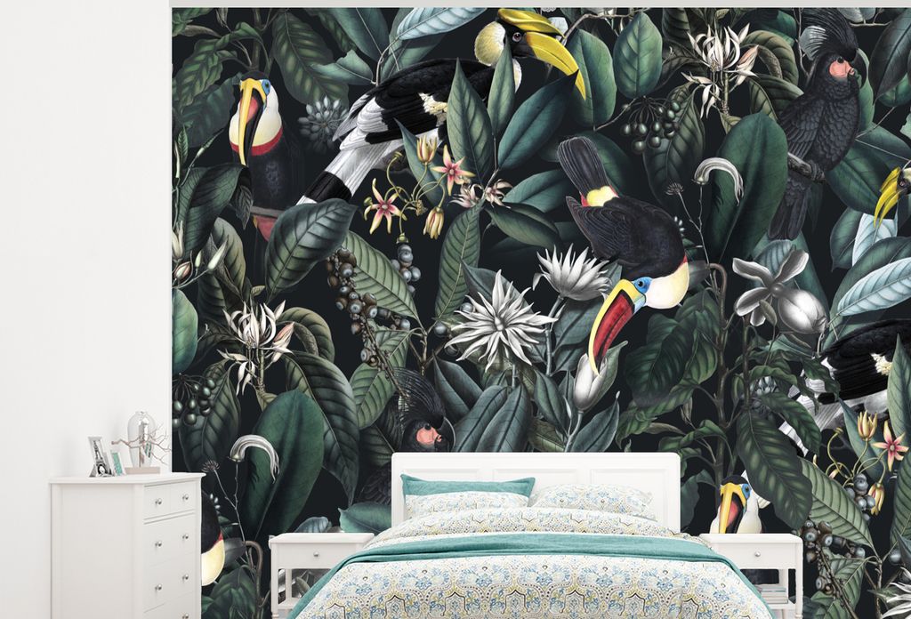 MuchoWow Fototapete für Wohnzimmer oder Schlafzimmer Wandtapete Vinyl Motivtapete Blumen - Tukan - Blätter - 275x220 cm - Gemustert