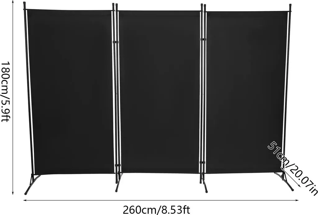 Paravent pliable noir avec roulettes freinées brise-vue multi-position - 5