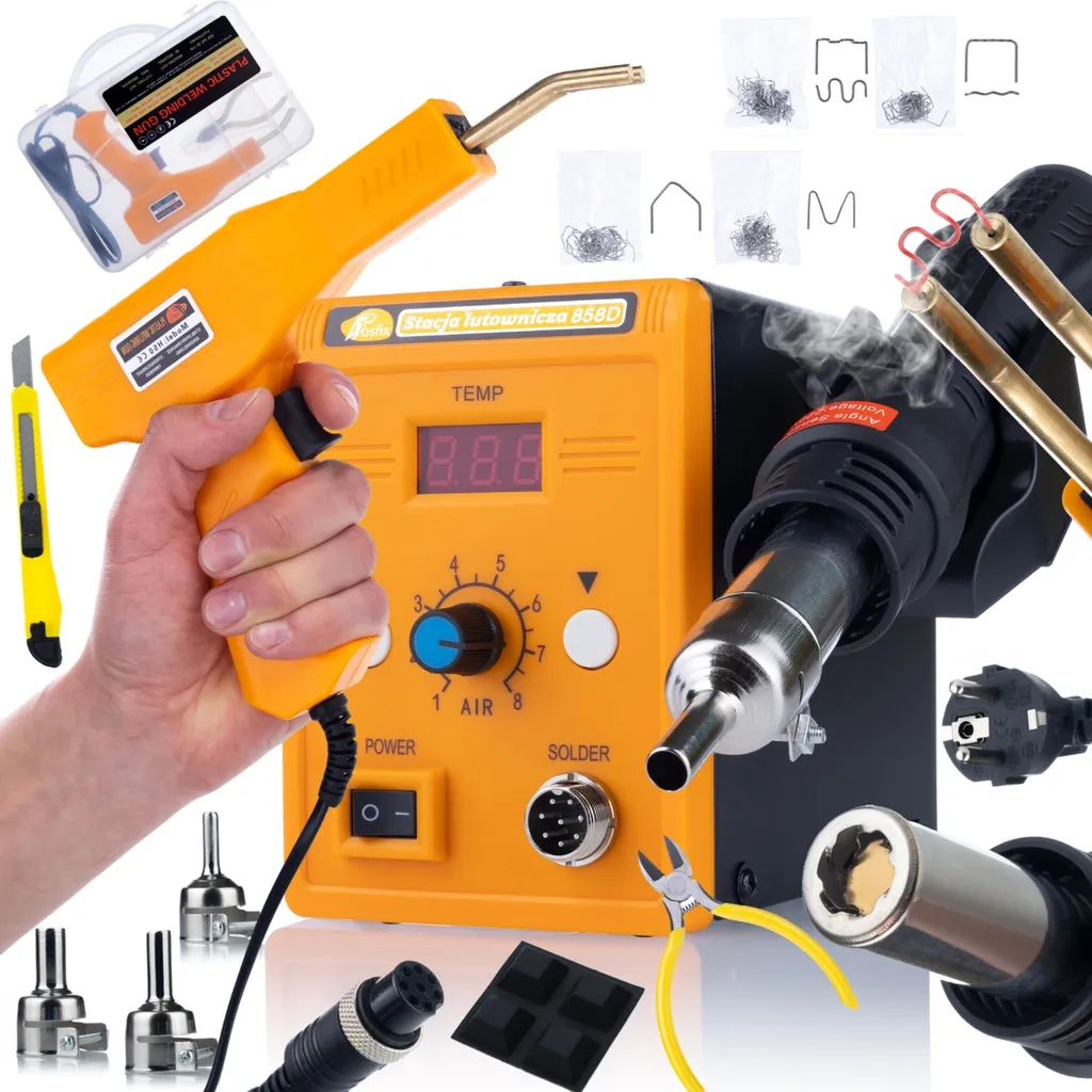 Rosfix Stazione di Saldatura Ad Aria Calda 858D + Cucitrice in Plastica in Valigetta + 200 Punti Metallici