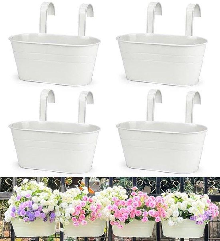 Hängeende Blumenpotten 4er-Pack, 27,5 cm große Metallpflanzkübel, Balkonpflanzkübel mit abnehmbarem Haken, weiß, Woonaccessoires