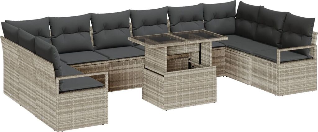 Eleganten-Stil 11-teiliges Garten Sofa Set mit Kissen Hellgrau Poly Rattan, 2-Sitzer Garten Sofa mit Stauraum & Kissen Grau Poly Rattan - Gartensof...