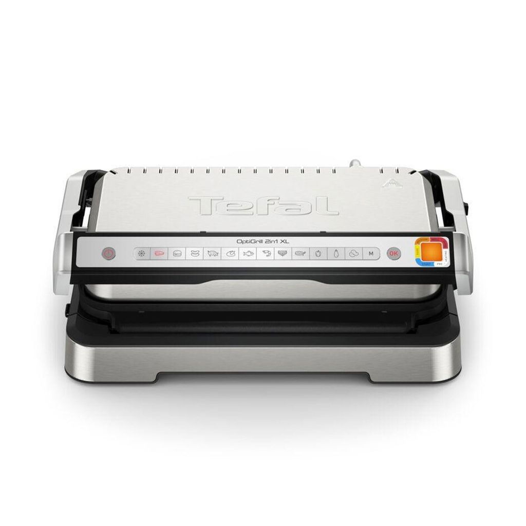 A silver and black electric grill is shown from the front on a white background.