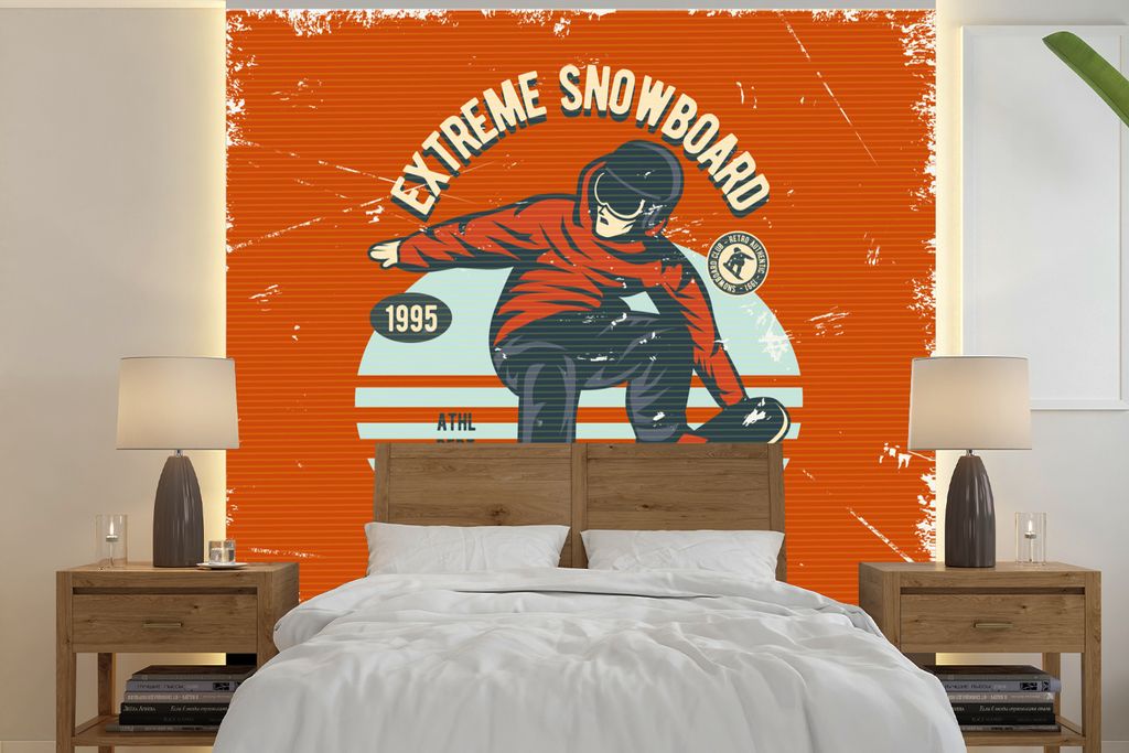 MuchoWow Fototapete für Wohnzimmer oder Schlafzimmer Wandtapete Vinyl Motivtapete Snowboard - Kleidung - Winter - Retro - 220x220 cm - Tapeten