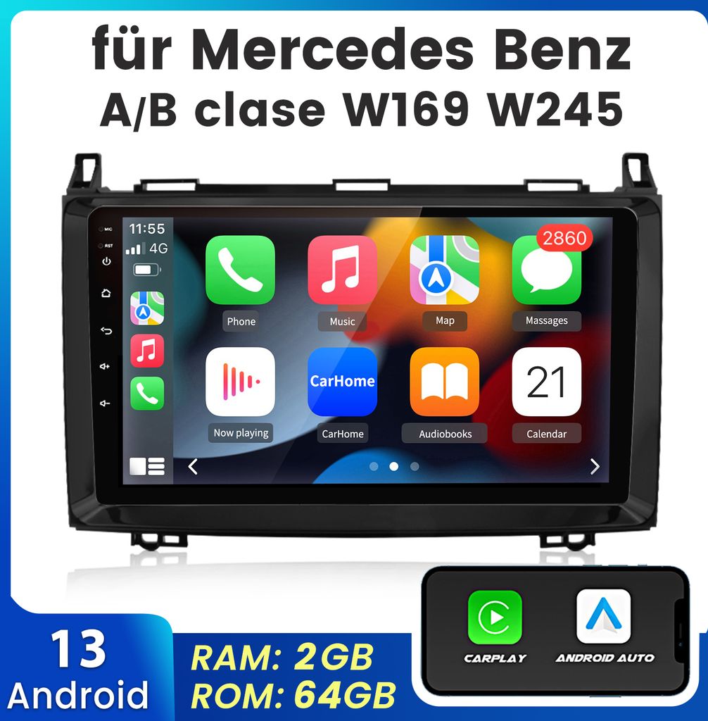 FÜR MERCEDES-BENZ A/B Klasse W169 W245 9" Autoradio 1+32GB Android 13.0