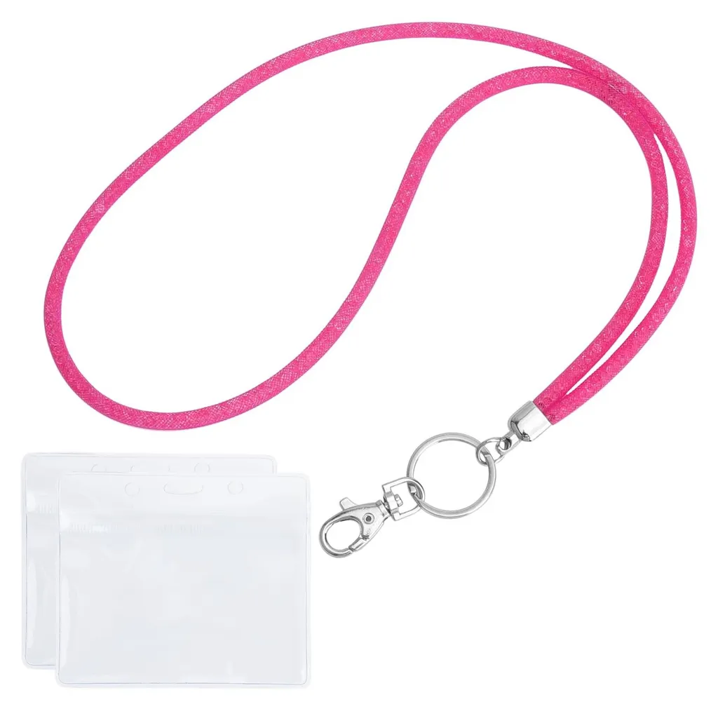 Lanière porte-badge rose à strass avec double pochette horizontale souple