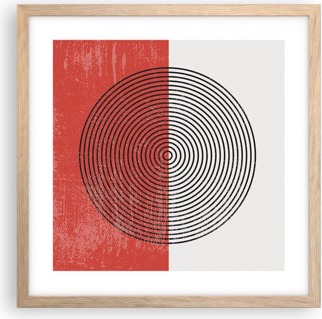 Gerahmtes Poster - Rahmen in heller Eiche - Abstraktion Weiß-Rot Kreise - 40x40 cm - Wand Bild - Wanddeko - Wandbilder - Kunstposter - Wandposter ...