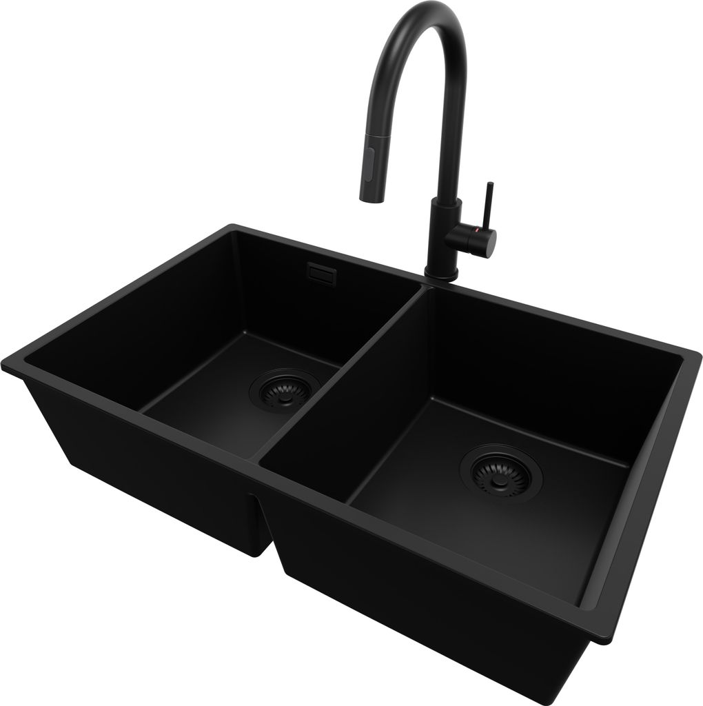 PRIMAGRAN Granitspüle Alles Schwarz 76x47cm, Spülbecken 2 Becken + Küchenarmatur 40x20cm + Ablauf-Set, Küchenspüle ab 80er Unterschrank - Lond...