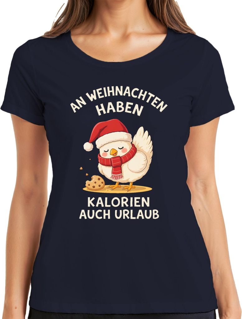 An Weihnachten haben Kalorien auch Urlaub Küken Keks lustig süß Damen T-Shirt, Navy, L
