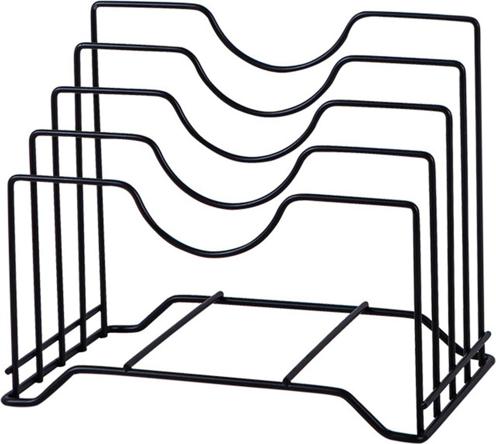 Schneidebrett-Aufbewahrungsregal aus Eisen mit 4 Schlitzen, integrierter Topfdeckelhalter für die Küchenarbeitsplatte, Schwarz