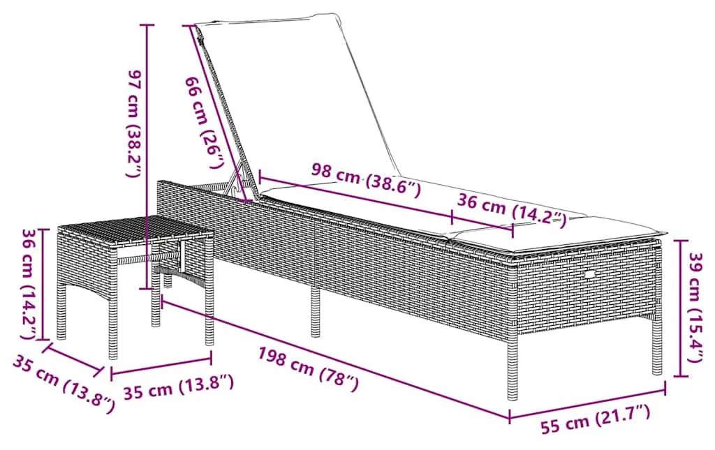vidaXL Bain de soleil en résine tressée noire avec table d'appoint - 7