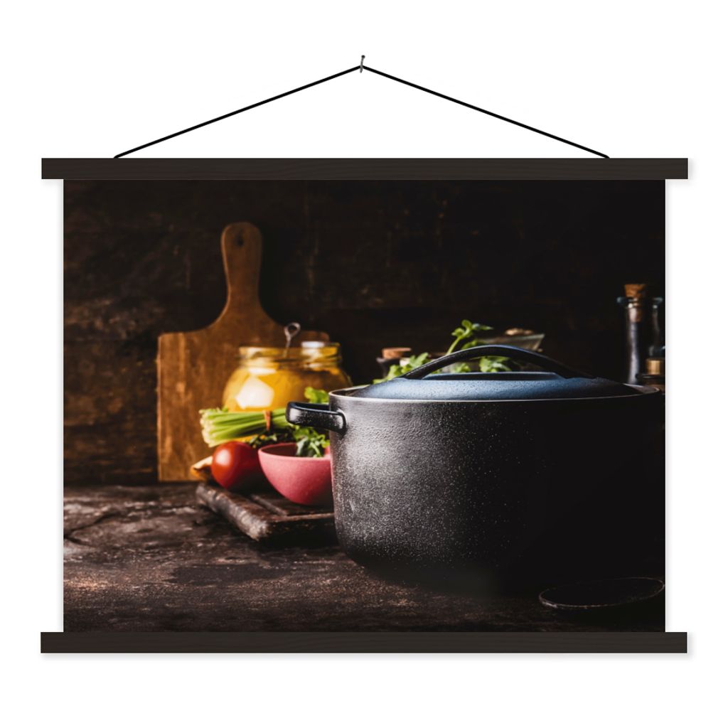 MuchoWow Textilposter Rustikal - Stilleben - Pfanne - Gemüse 60x45 cm mit schwarzem Rahmen - Poster Schlafzimmer