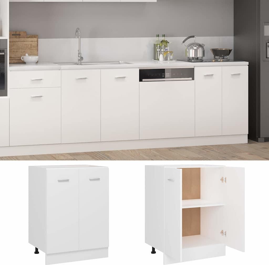 A white kitchen cabinet unit with a sink and appliances, and two separate views of a white cabinet.
