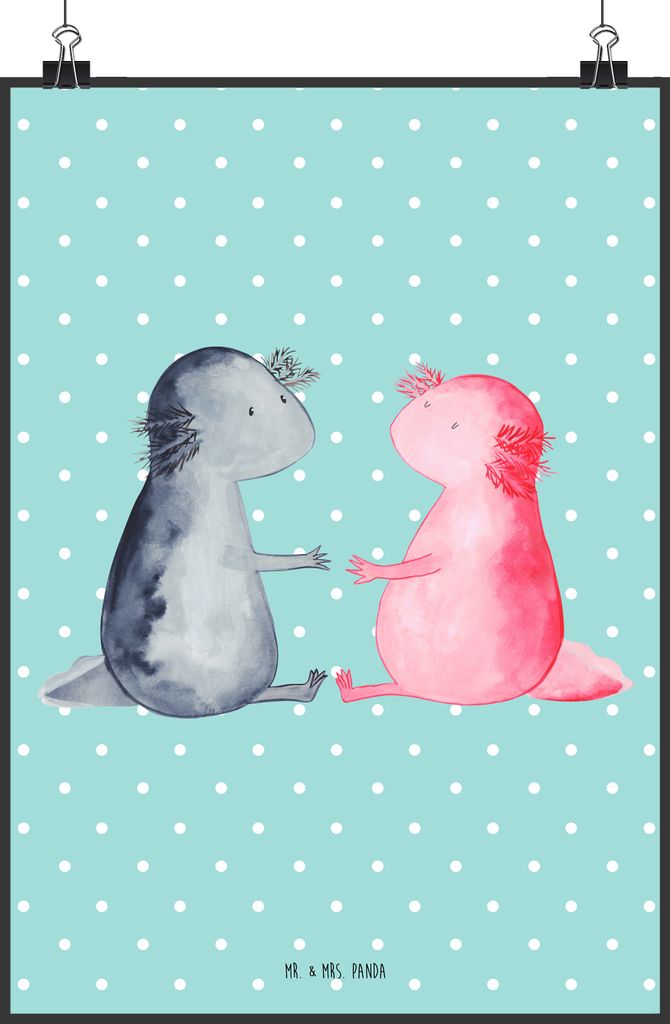 Mr. & Mrs. Panda Bild Axolotl Liebe DIN A2 - Türkis Pastell - Geschenk, wanddeko, Lurch, Kunstdruck, Verlobter, grafikposter, Wandbild, Valentinst...