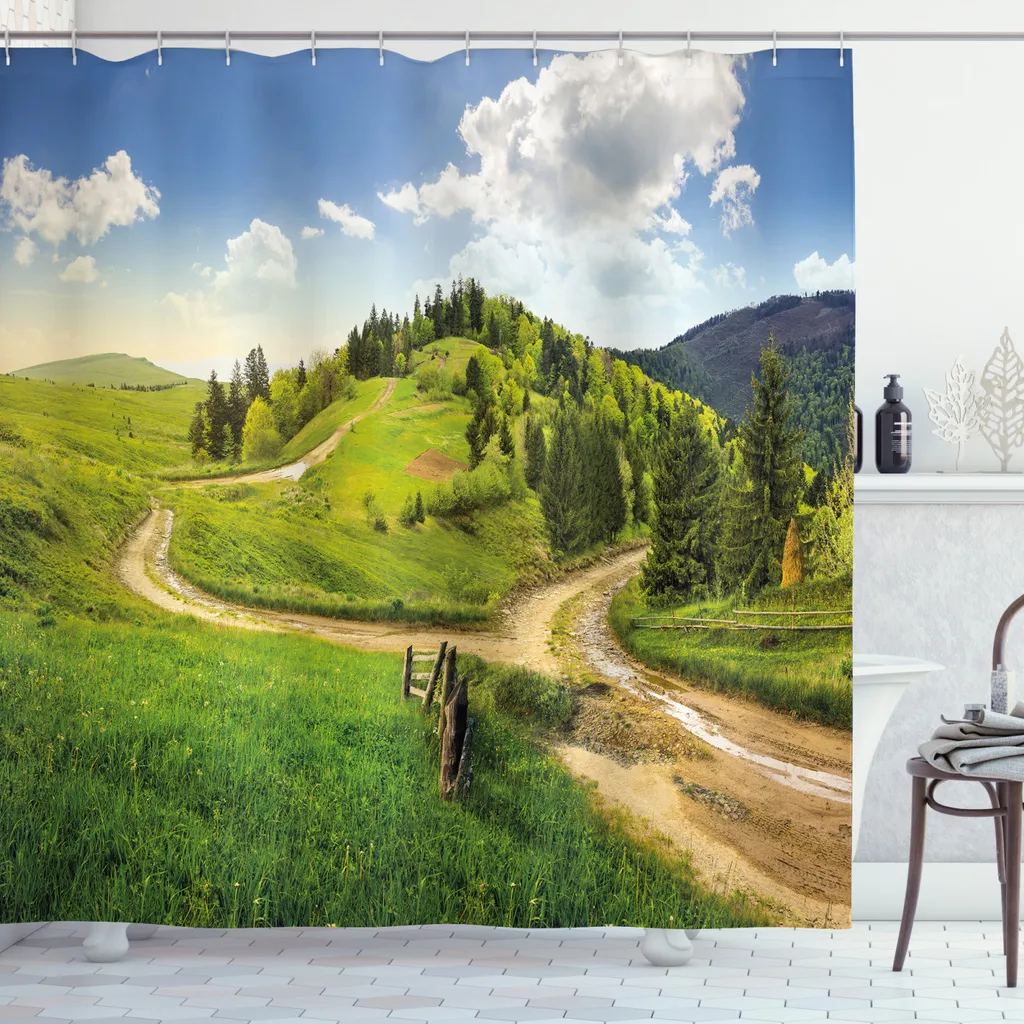 ABAKUHAUS Tenda da doccia paesaggistica, Hillside Meadow Trees, resistente a batteri e muffe, incl. 12 ganci Lavabile Elegante stampa digitale, 175 x 220 cm, verde-blu