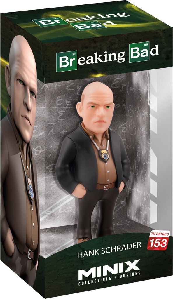 A collectible figurine of Hank Schrader from Breaking Bad, displayed in its packaging.