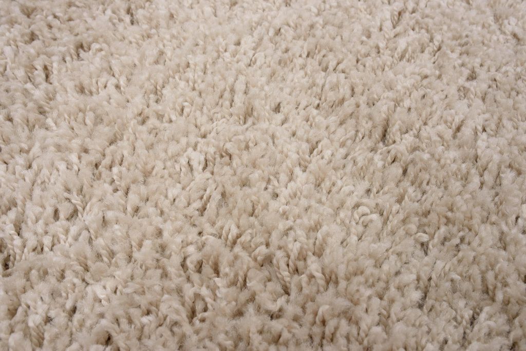 A close-up view of a beige, shaggy rug.