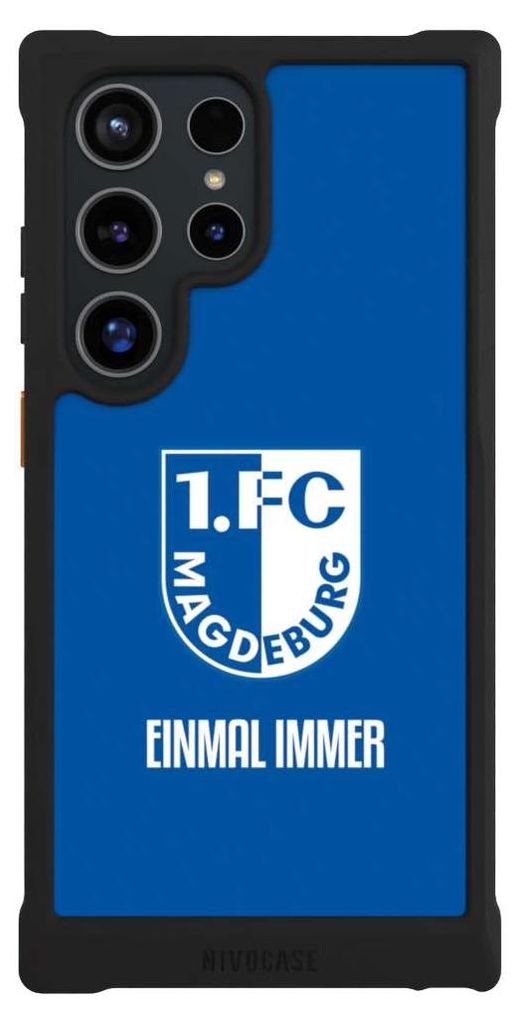 NIVOCASE Hülle für Samsung Galaxy S24 Ultra Stoßfeste Handyhülle NIVOmax Case Schwarz Offizielles Lizenzprodukt Wappen 1. FC Magdeburg