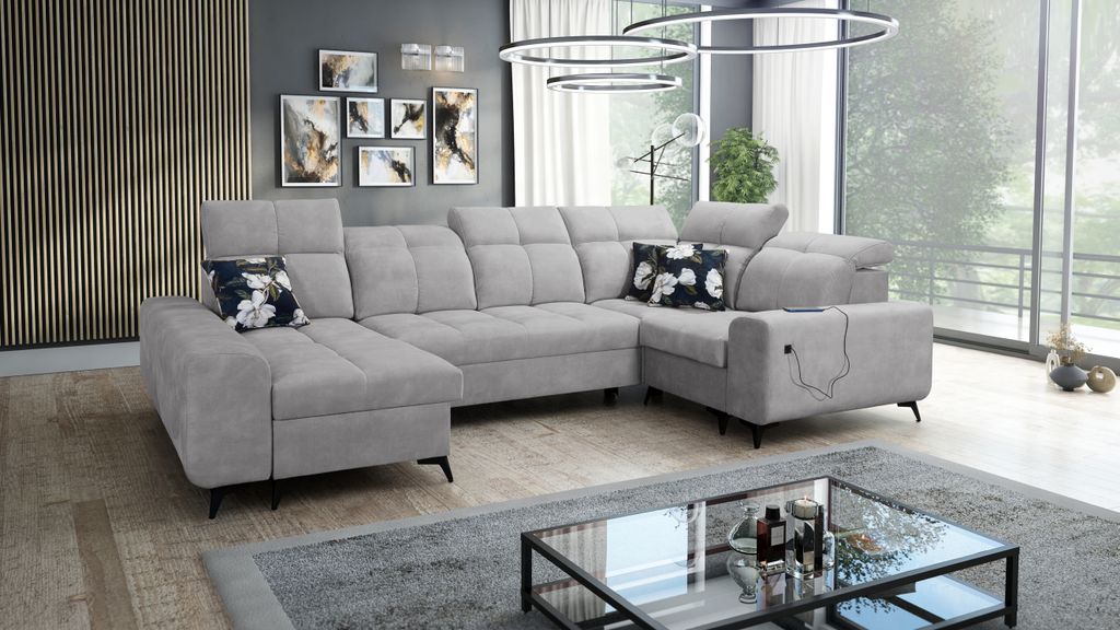 Wohnzimmer Couch Sofa in U-Form Ecksofa GOLD IV Ottomane Links Farbe Grau Stoff WAVE 15
