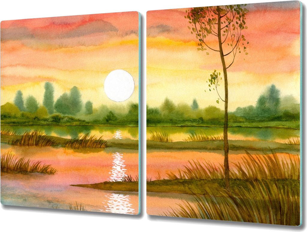 Coloray Kochplattenabdeckung Herdabdeckplatte 2x40x52 cm Hackbrett Schneidebrett Küchenbrett - Baum Sonnenuntergang