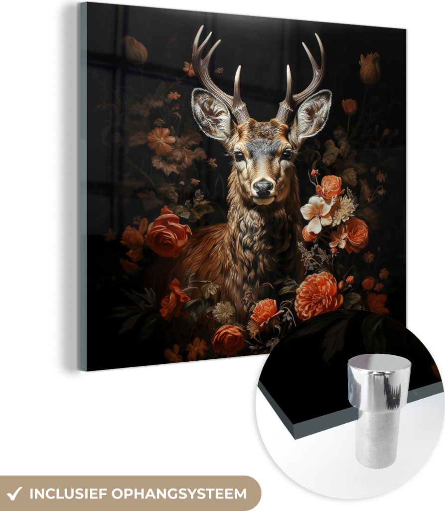 MuchoWow Glasbilder - Bilder auf Wandbild - Foto auf Glas Hirsch - Tier - Blumen - Natur - Botanisch 40x40 cm Wanddekoration aus Glas - Acrylglasbi...