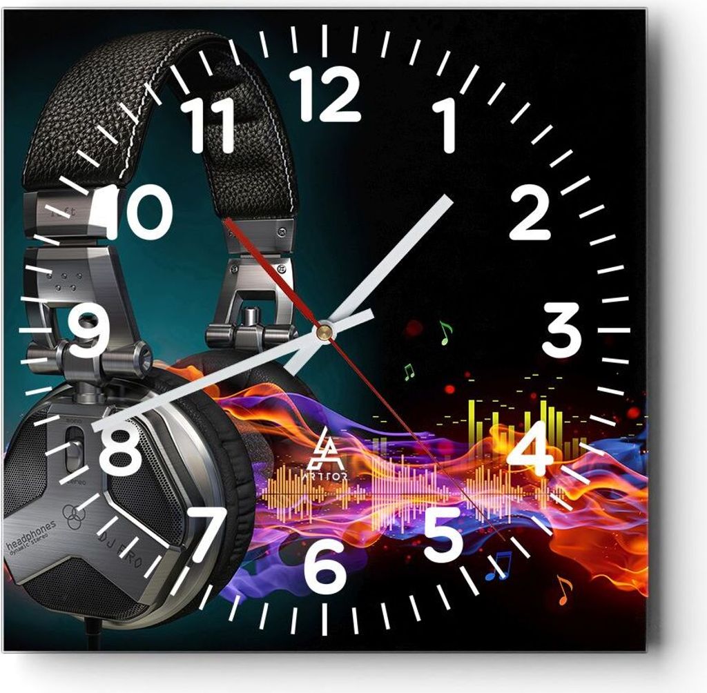 Wanduhr - Quadrat - Glasuhr - Feuer Audio Kopfhörer - 30x30cm - Schleichendes Uhrwerk - Lautlos - zum Aufhängen bereit - Dekoration Modern - Wand...